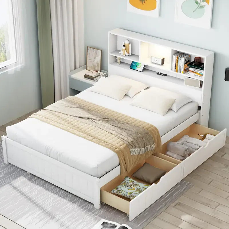 Wood Platform Bed with Bookcase Headboard, Built-in Downlight, Charging Station & 2 Side Drawers