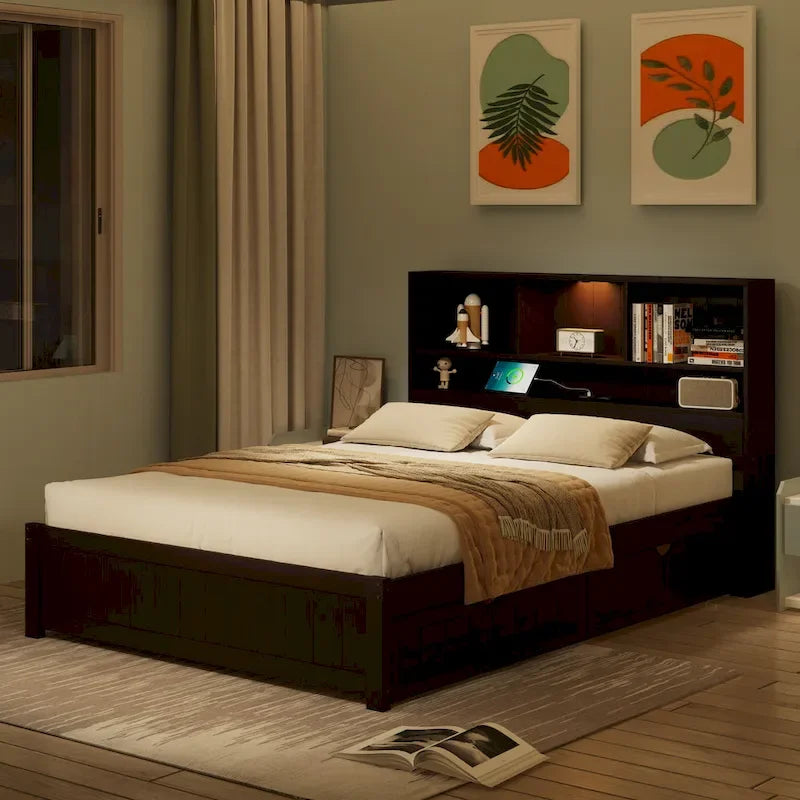 Wood Platform Bed with Bookcase Headboard, Built-in Downlight, Charging Station & 2 Side Drawers