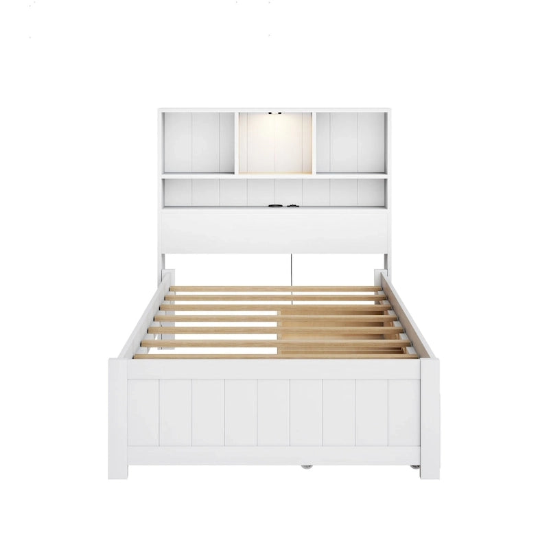 Wood Platform Bed with Bookcase Headboard, Built-in Downlight, Charging Station & 2 Side Drawers