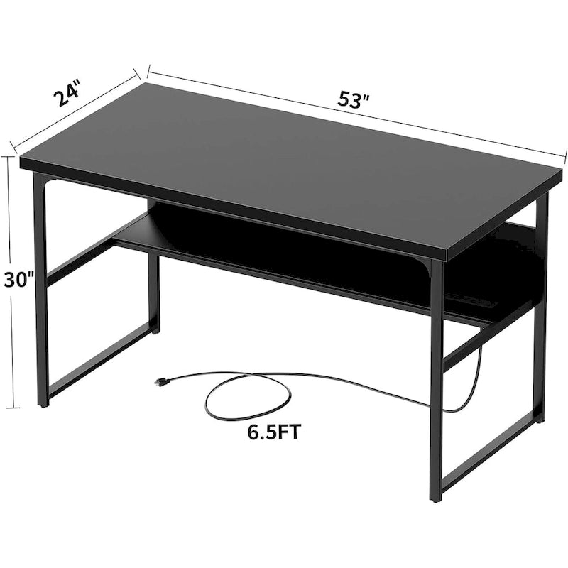 Executive Desk Computer Desk with Extra Thick Tabletop, Simple Office Desk Workstation Study Writing Table with Power Outlets