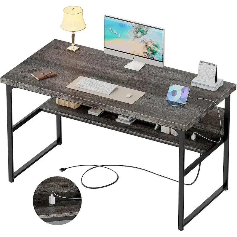 Executive Desk Computer Desk with Extra Thick Tabletop, Simple Office Desk Workstation Study Writing Table with Power Outlets
