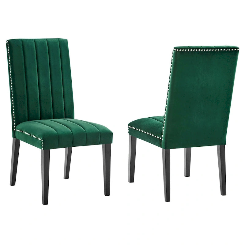 Velvet Dining Chairs with Channel Tufting and Nailhead Trim, 2 Chairs