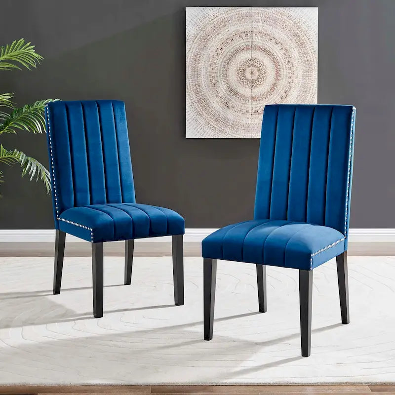Velvet Dining Chairs with Channel Tufting and Nailhead Trim, 2 Chairs