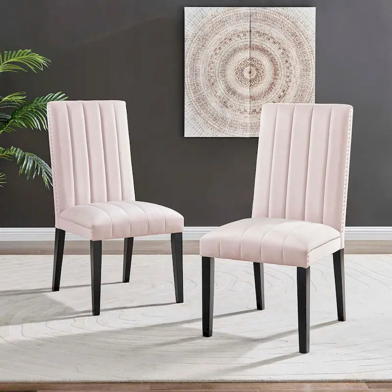Velvet Dining Chairs with Channel Tufting and Nailhead Trim, 2 Chairs