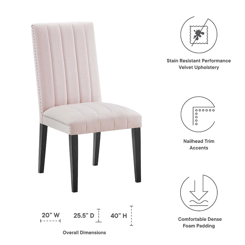 Velvet Dining Chairs with Channel Tufting and Nailhead Trim, 2 Chairs