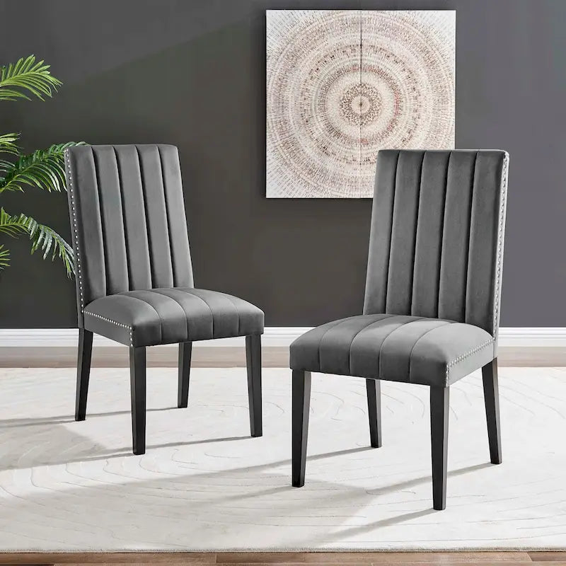 Velvet Dining Chairs with Channel Tufting and Nailhead Trim, 2 Chairs
