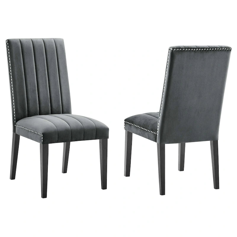 Velvet Dining Chairs with Channel Tufting and Nailhead Trim, 2 Chairs