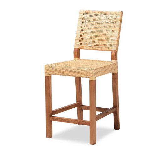 Barhocker aus natürlichem Rattan und Holz mit 24.5-Inch-Sitzhöhe, quadratischer Rückenlehne und Fußstütze