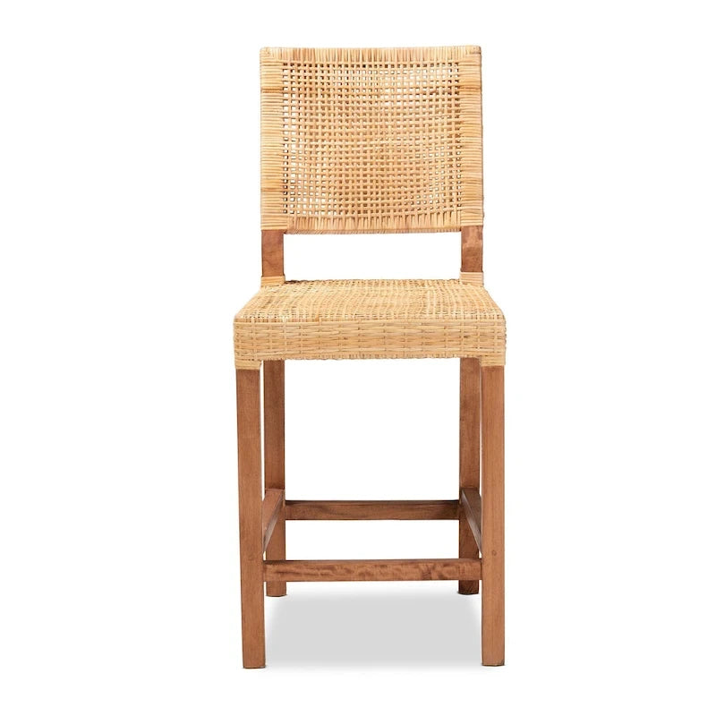 24.5-Inch Seat Height Natural Rattan and Wood Counter Stool with Square Back and Footrest