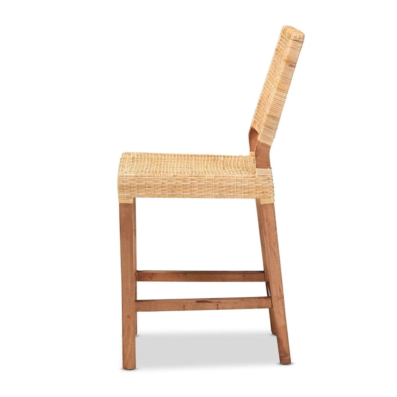 24.5-Inch Seat Height Natural Rattan and Wood Counter Stool with Square Back and Footrest