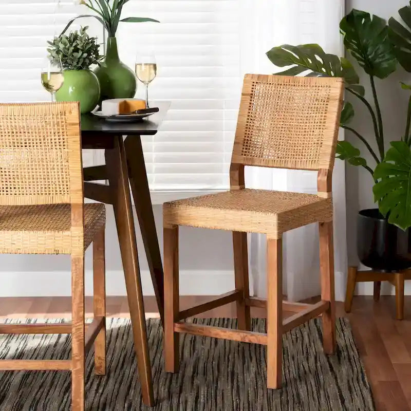 24.5-Inch Seat Height Natural Rattan and Wood Counter Stool with Square Back and Footrest