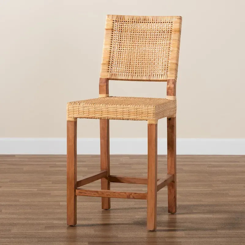 24.5-Inch Seat Height Natural Rattan and Wood Counter Stool with Square Back and Footrest