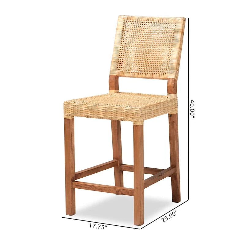 24.5-Inch Seat Height Natural Rattan and Wood Counter Stool with Square Back and Footrest