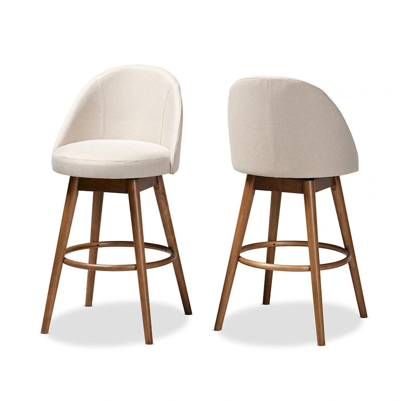 2 Mid-Century-Drehbarhocker mit gepolsterten Sitzen und walnussbraunen Holzgestellen