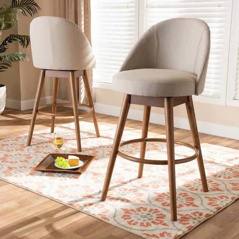 2 Mid-Century Swivel Bar Stools with Upholstered Seats and Walnut Brown Wood Frames