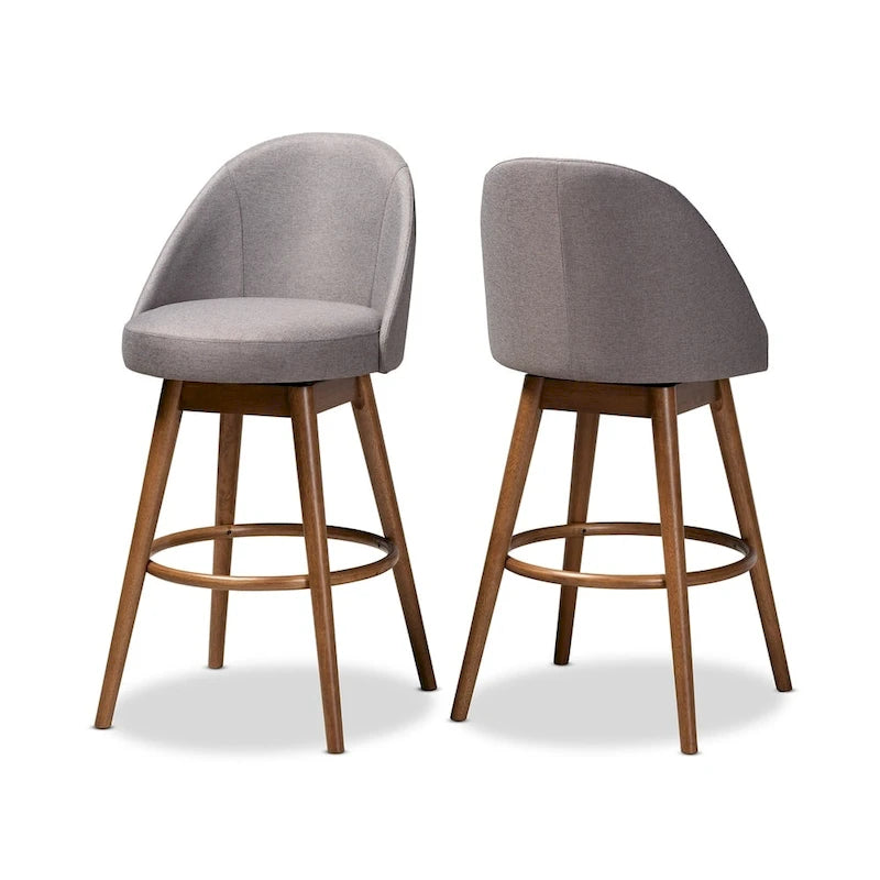 2 Mid-Century Swivel Bar Stools with Upholstered Seats and Walnut Brown Wood Frames