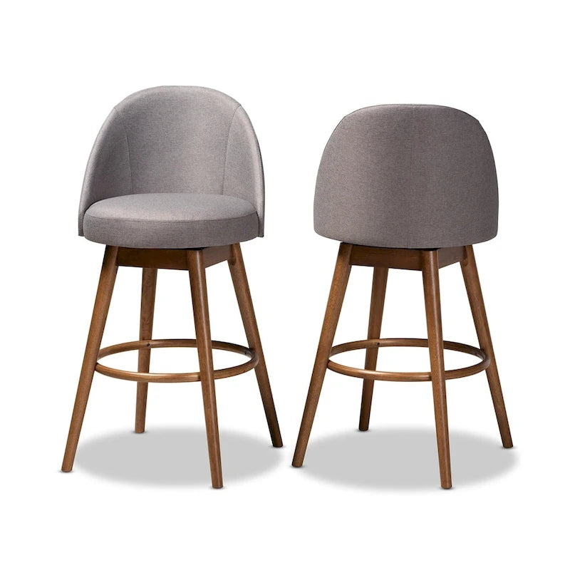 2 Mid-Century-Drehbarhocker mit gepolsterten Sitzen und walnussbraunen Holzgestellen