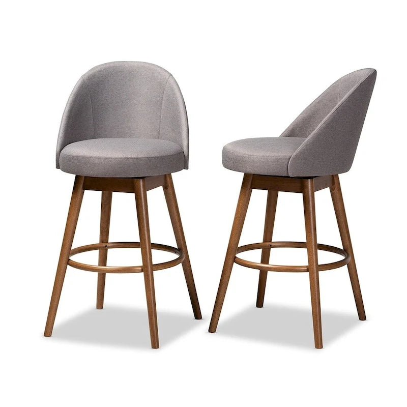 2 Mid-Century-Drehbarhocker mit gepolsterten Sitzen und walnussbraunen Holzgestellen