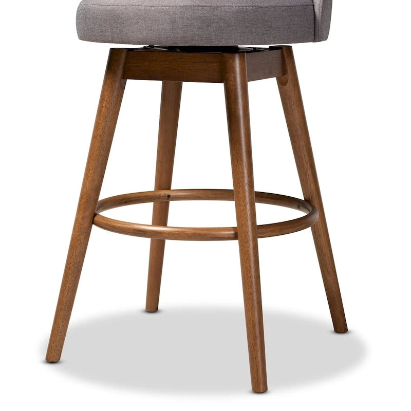 2 Mid-Century Swivel Bar Stools with Upholstered Seats and Walnut Brown Wood Frames