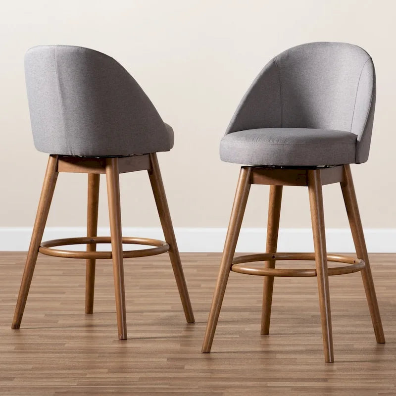 2 Mid-Century Swivel Bar Stools with Upholstered Seats and Walnut Brown Wood Frames