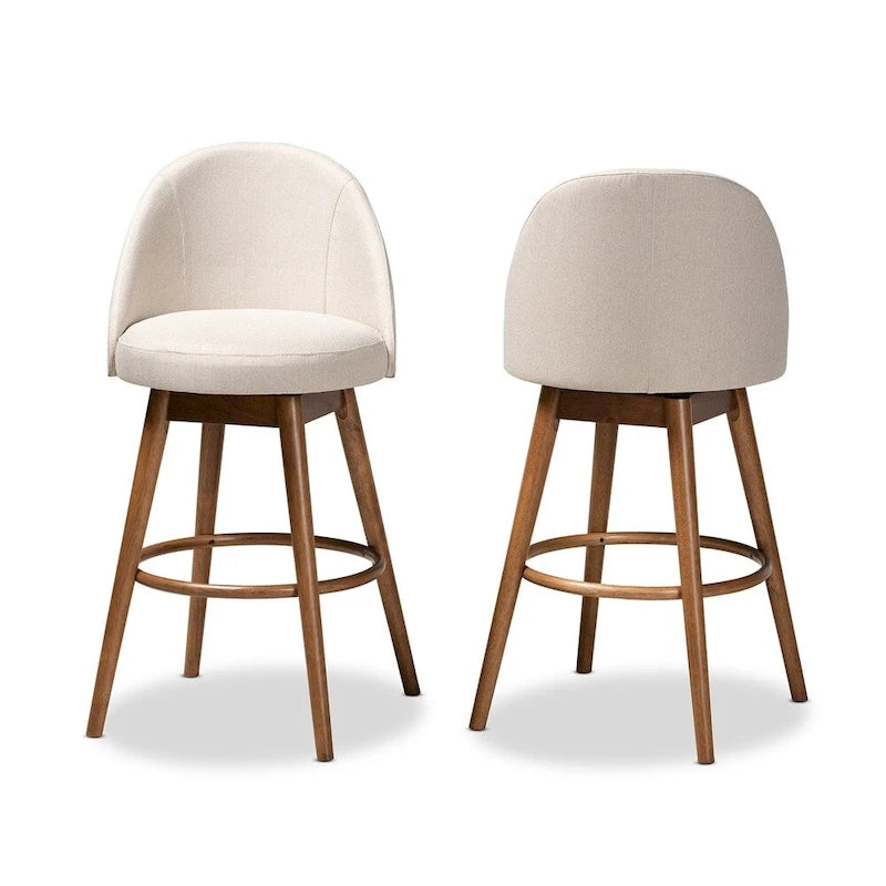2 Mid-Century Swivel Bar Stools with Upholstered Seats and Walnut Brown Wood Frames