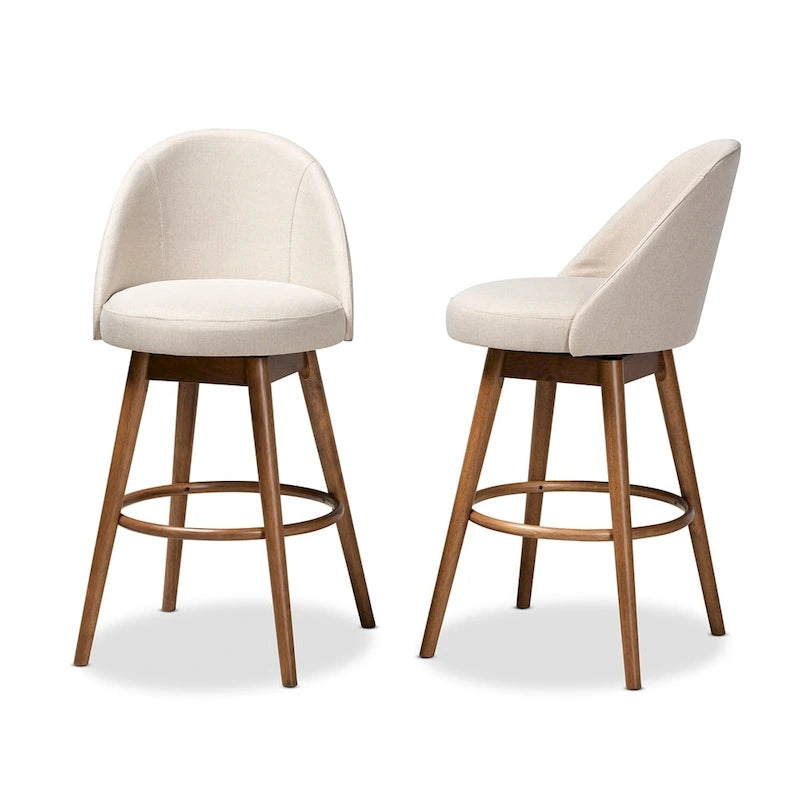 2 Mid-Century Swivel Bar Stools with Upholstered Seats and Walnut Brown Wood Frames