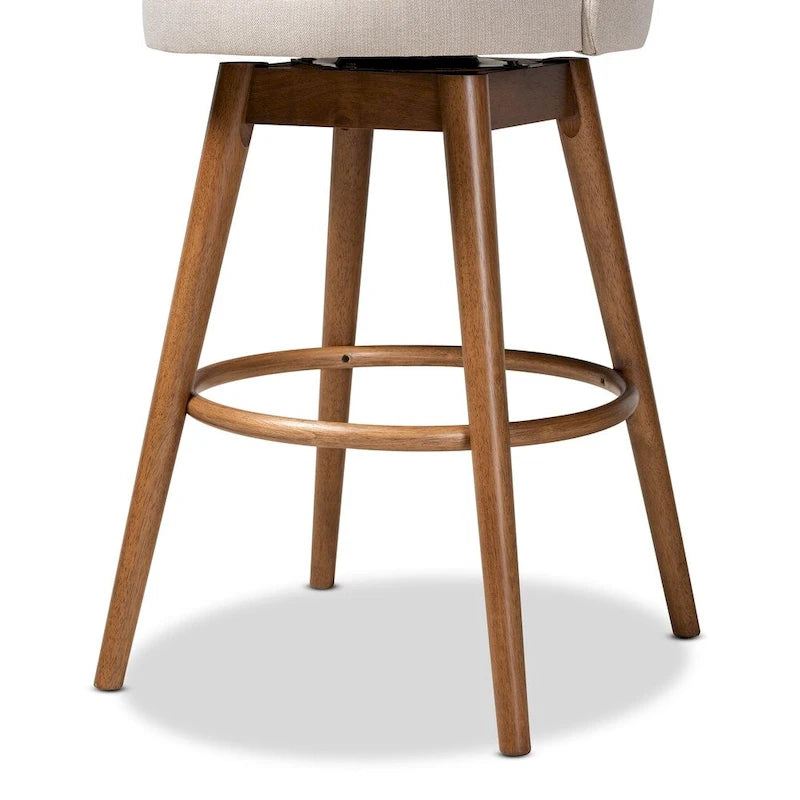 2 Mid-Century Swivel Bar Stools with Upholstered Seats and Walnut Brown Wood Frames