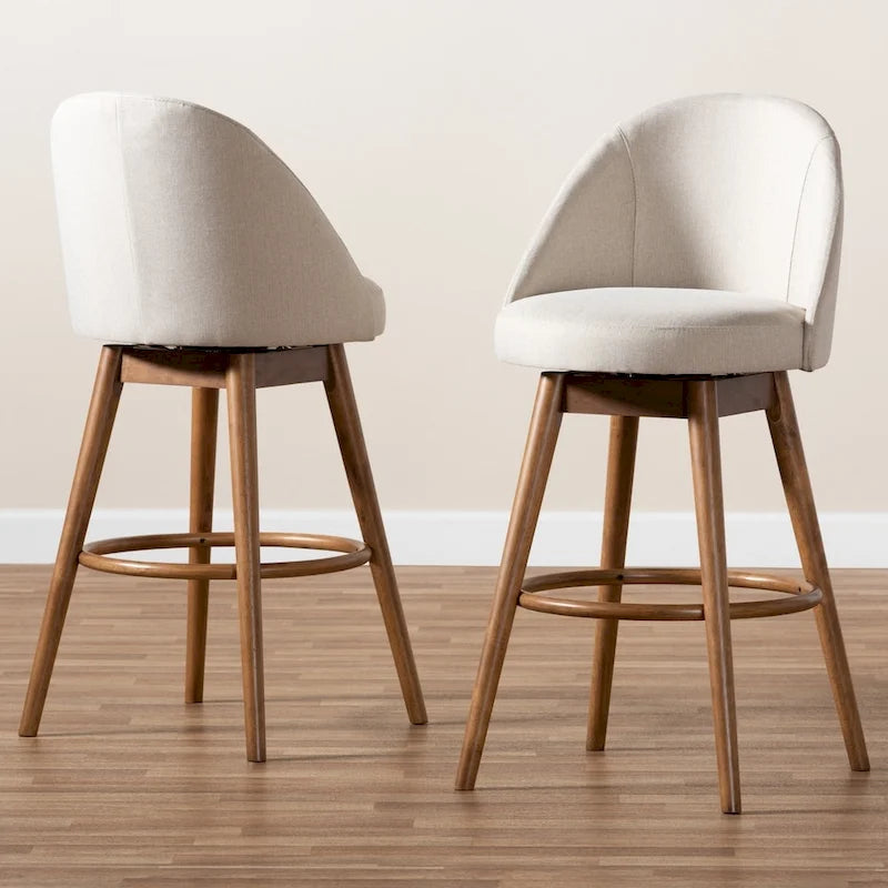 2 Mid-Century Swivel Bar Stools with Upholstered Seats and Walnut Brown Wood Frames