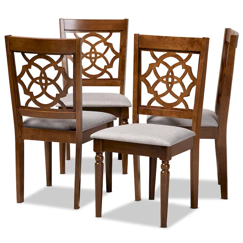 Chaises de salle à manger en bois de chêne avec assises rembourrées grises et dossiers ajourés, lot de 4