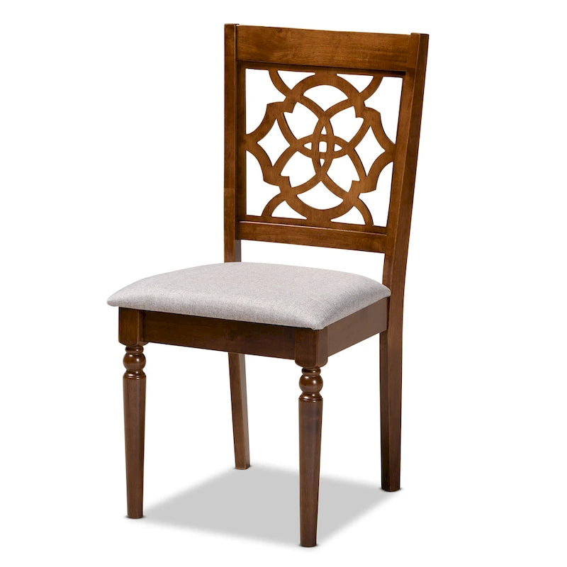 Chaises de salle à manger en bois de chêne avec assises rembourrées grises et dossiers ajourés, lot de 4