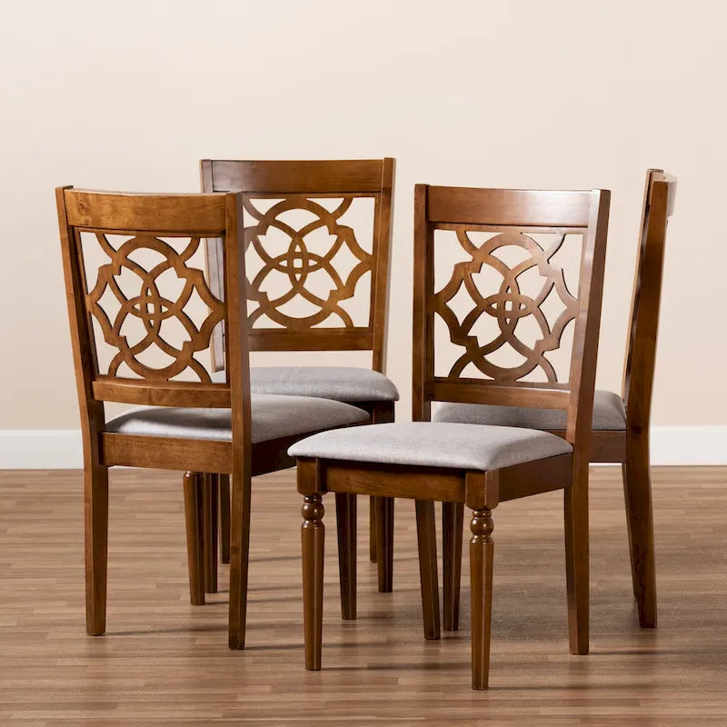 Chaises de salle à manger en bois de chêne avec assises rembourrées grises et dossiers ajourés, lot de 4