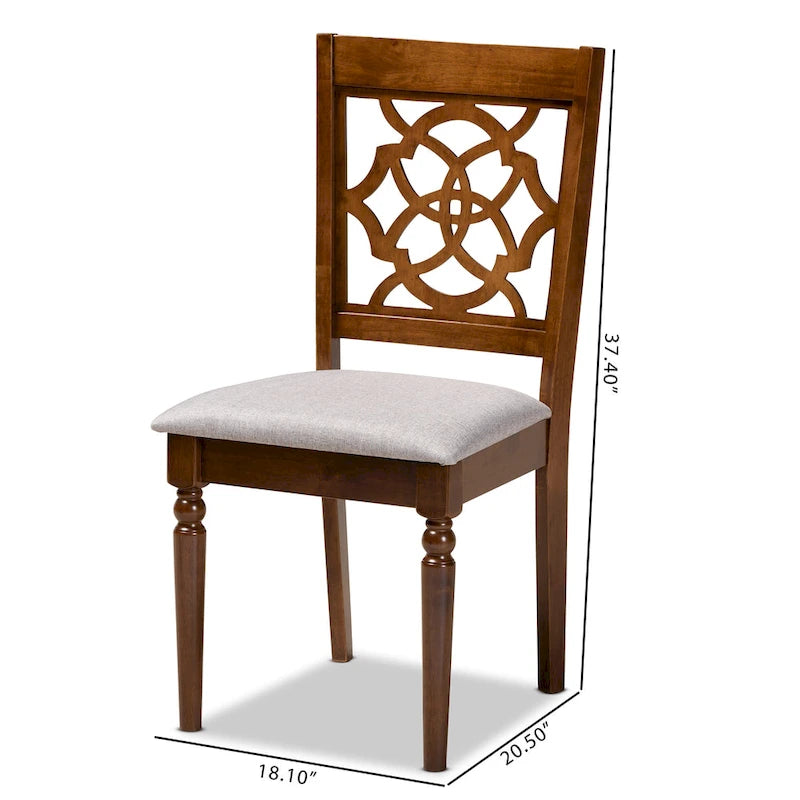 Chaises de salle à manger en bois de chêne avec assises rembourrées grises et dossiers ajourés, lot de 4