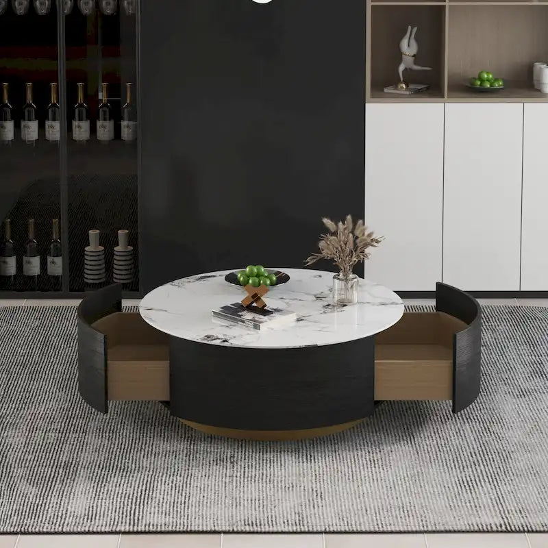 Moderner Trommel-Couchtisch mit Eichenfurnier, Couchtisch aus gesintertem Stein mit 2 Schubladen aus Massivholz