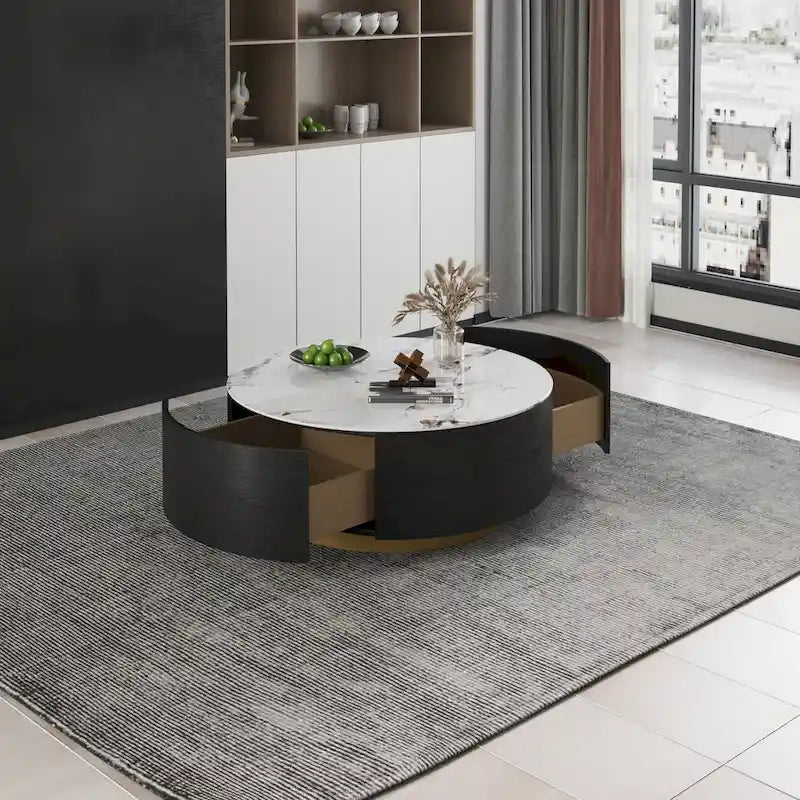 Modern Drum Coffee Table with Oak Veneer, Sintered Stone Coffee Table with 2 Solid Wood Drawers