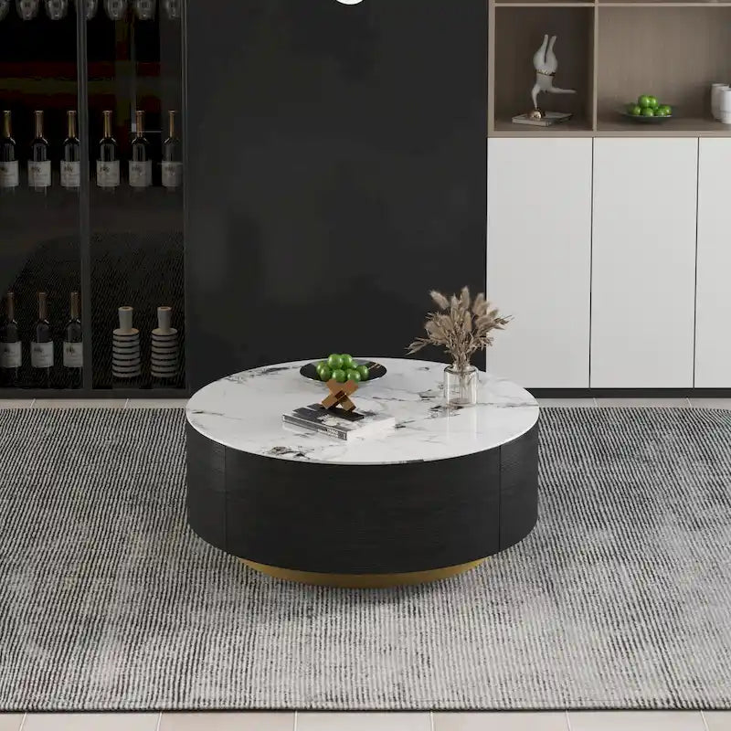 Moderner Trommel-Couchtisch mit Eichenfurnier, Couchtisch aus gesintertem Stein mit 2 Schubladen aus Massivholz
