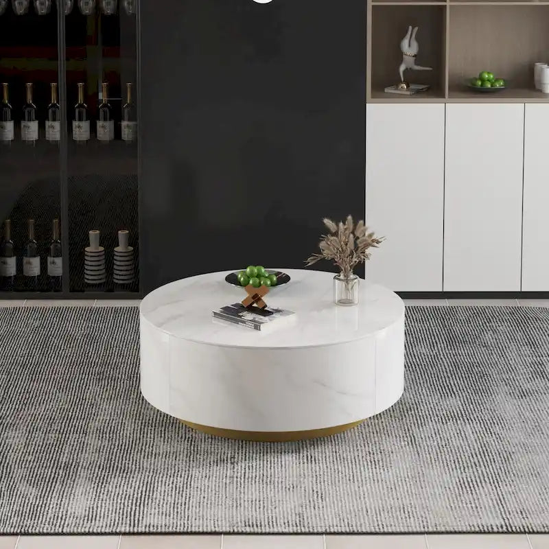 Moderner Trommel-Couchtisch mit Eichenfurnier, Couchtisch aus gesintertem Stein mit 2 Schubladen aus Massivholz