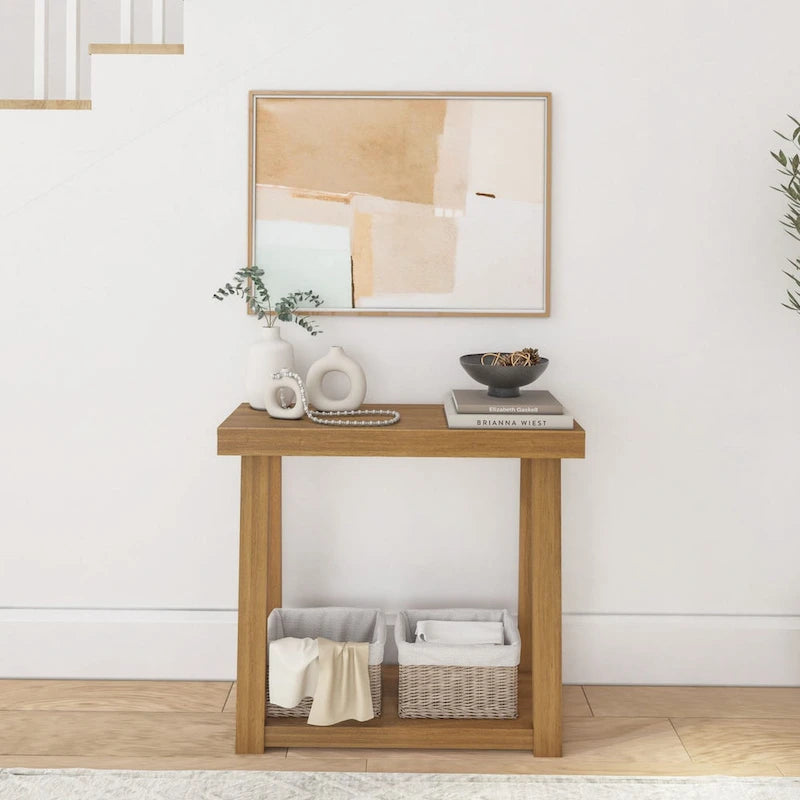 36-Inch Solid Pine Wood Console Table with Lower Storage Shelf