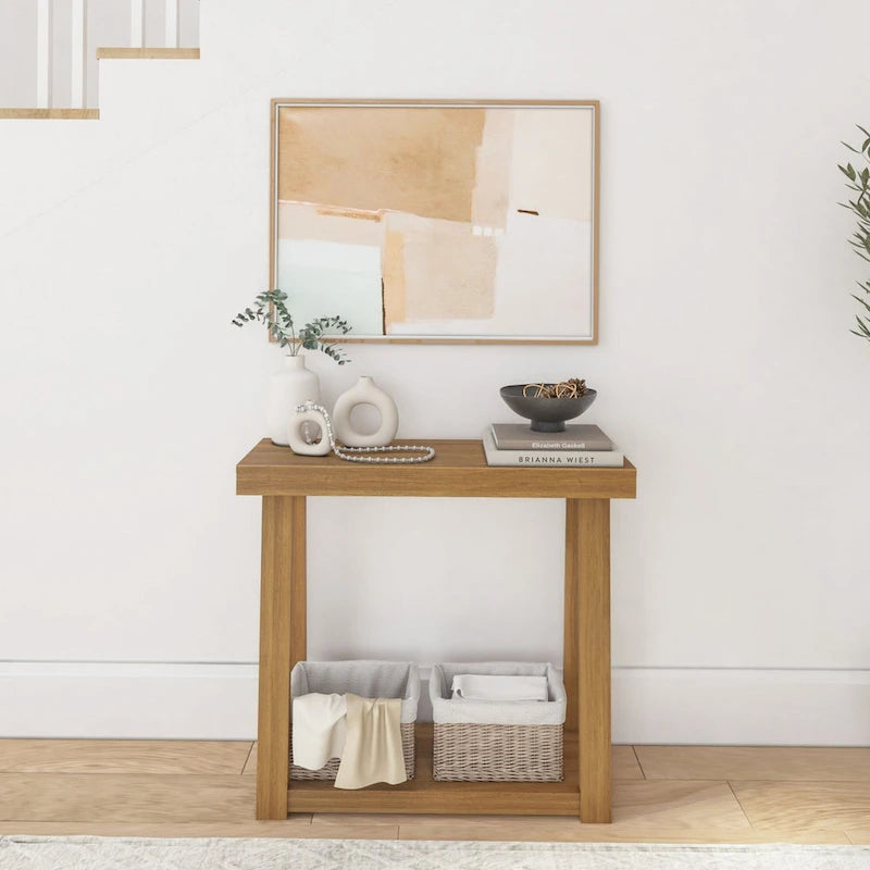 36-Inch Solid Pine Wood Console Table with Lower Storage Shelf