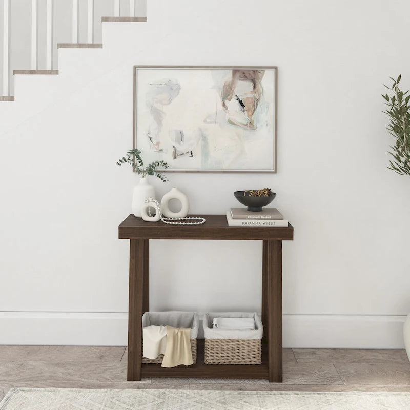 36-Inch Solid Pine Wood Console Table with Lower Storage Shelf