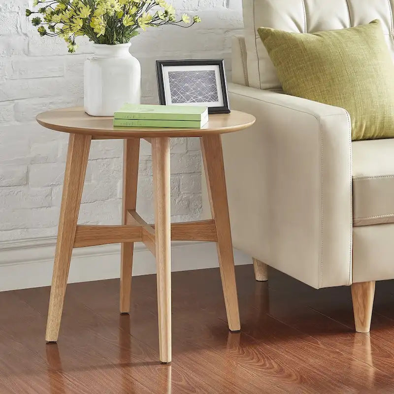 23-Inch Round Wood-Finish End Table with X-Cross Base and Tapered Legs