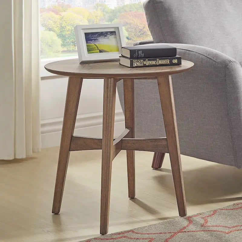 23-Inch Round Wood-Finish End Table with X-Cross Base and Tapered Legs