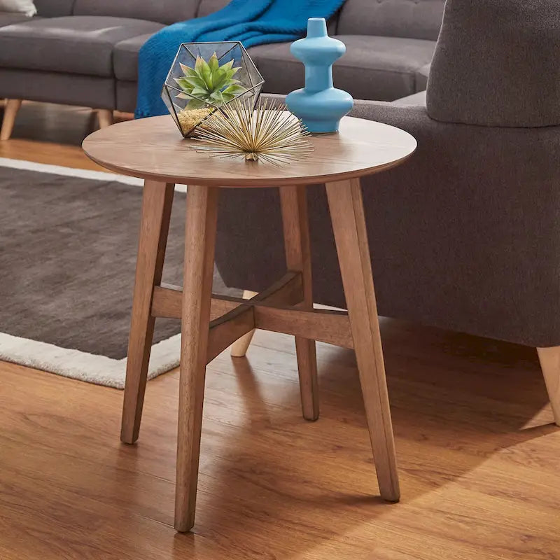 23-Inch Round Wood-Finish End Table with X-Cross Base and Tapered Legs