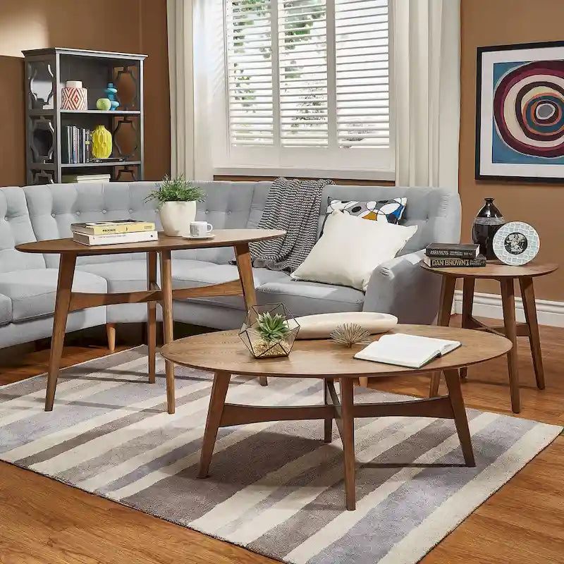 23-Inch Round Wood-Finish End Table with X-Cross Base and Tapered Legs