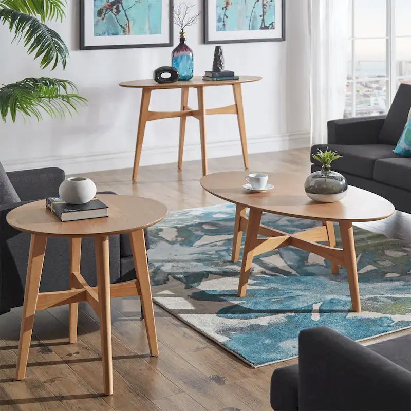 23-Inch Round Wood-Finish End Table with X-Cross Base and Tapered Legs