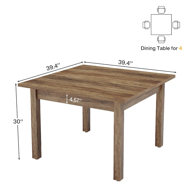 Country Rustic Square Dining Table with Solid Wood Legs - 39.4D x 39.4W x 30H