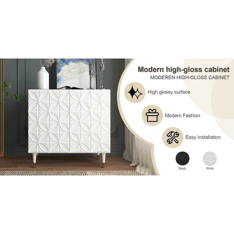 31.5-Inch Two-Door High-Gloss Accent Cabinet with Adjustable Shelf and Gold-Tone Wood Legs