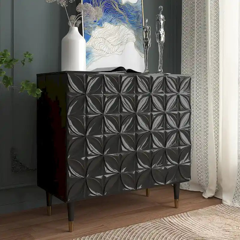 31.5-Inch Two-Door High-Gloss Accent Cabinet with Adjustable Shelf and Gold-Tone Wood Legs