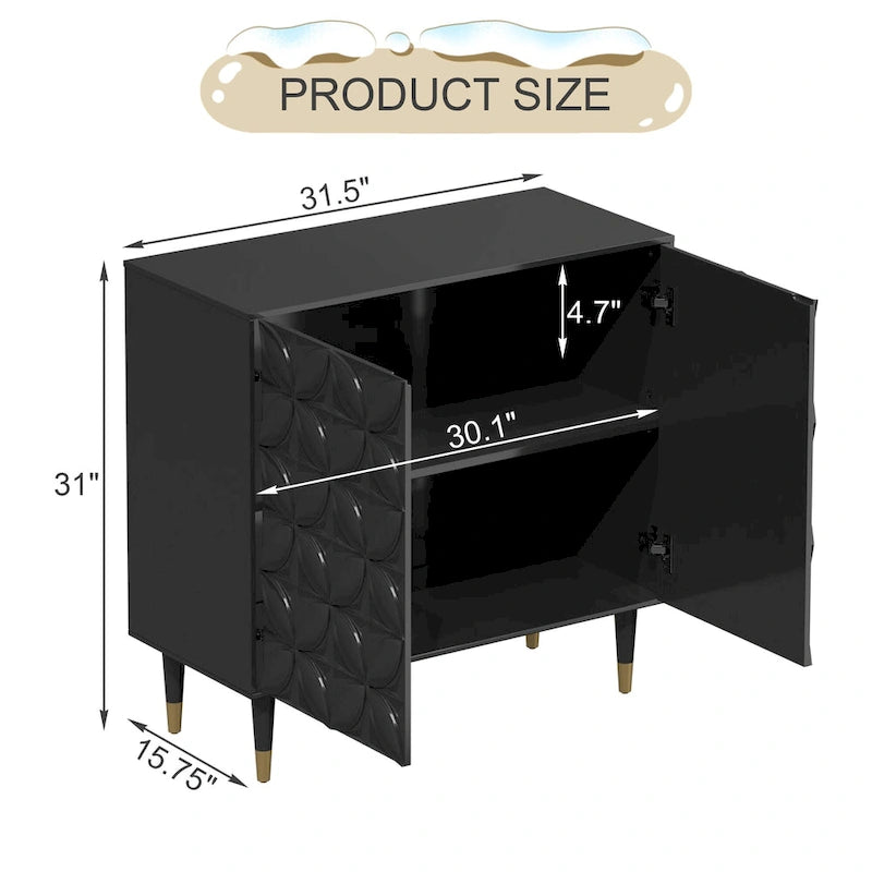 31.5-Inch Two-Door High-Gloss Accent Cabinet with Adjustable Shelf and Gold-Tone Wood Legs