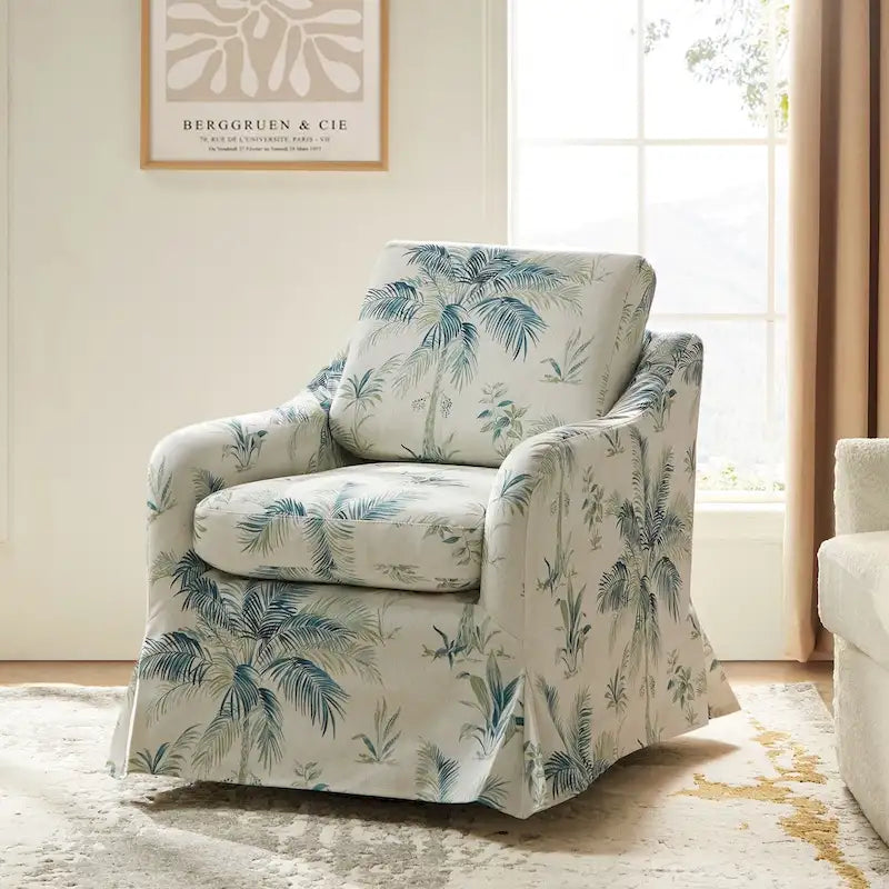 Floral Swivel Accent Chair with Washable Slipcover and Reversible Cushions