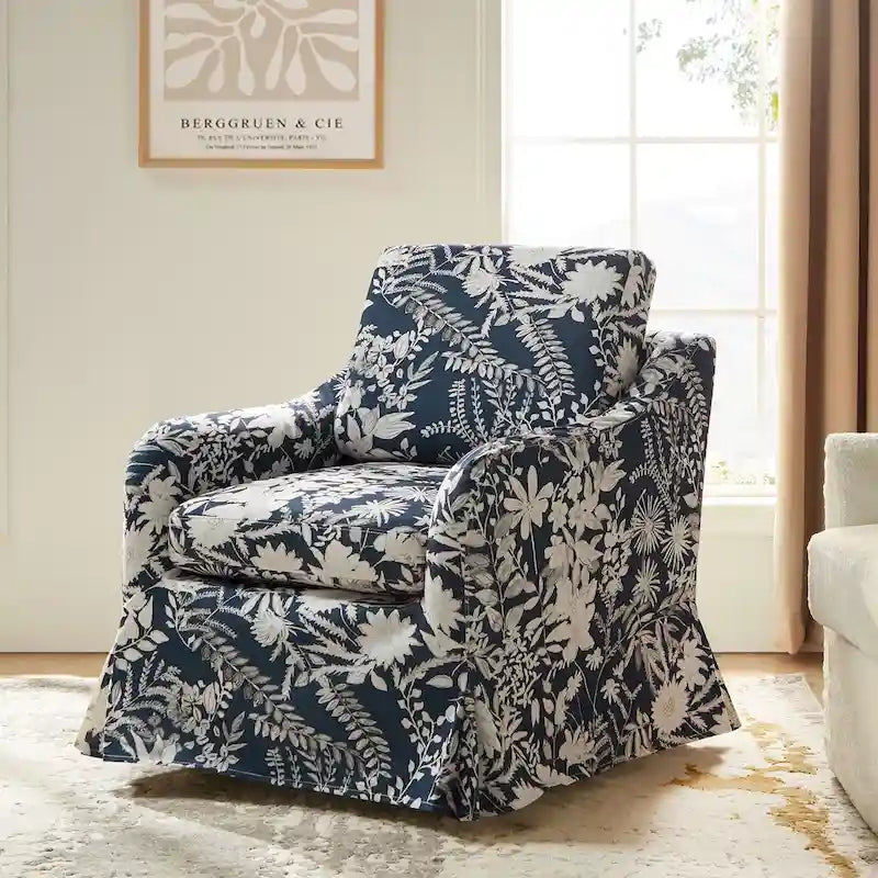 Floral Swivel Accent Chair with Washable Slipcover and Reversible Cushions
